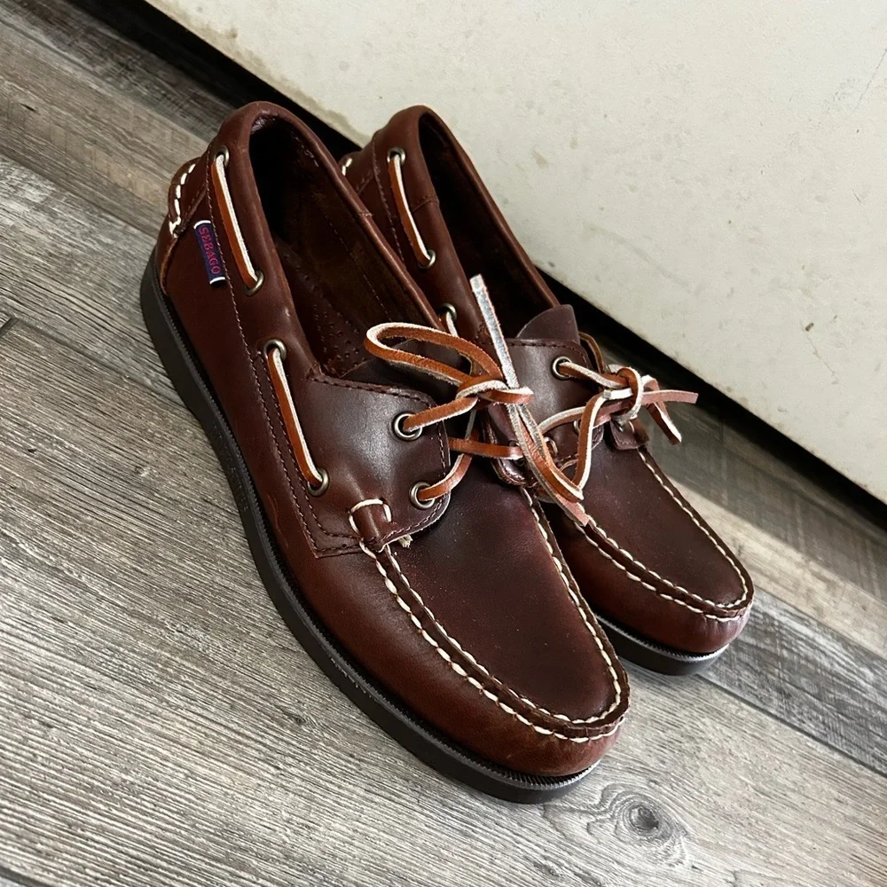 Sebago Docksiders Tie Brown Leather Boat Shoes NWOT