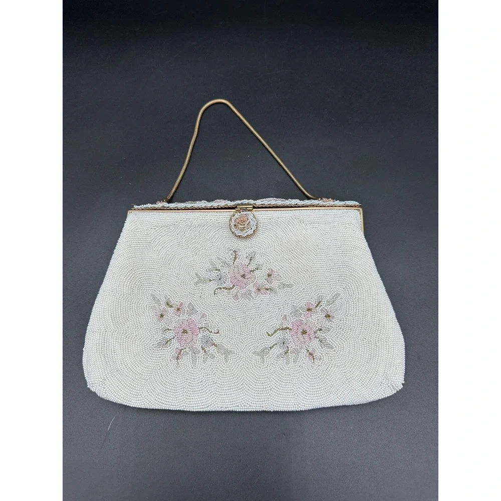 RARE VINTAGE PETITE POINT BEADED HOMEMADE‎ IN FRANCE FLORAL HANDBAG