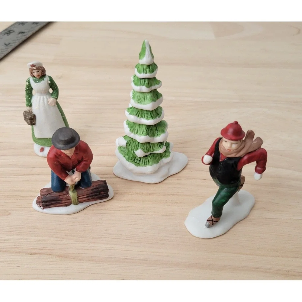 Vtg Dept 56 Ceramic Christmas Village Figurines Tree Wood Chopper Skater‎ Woman