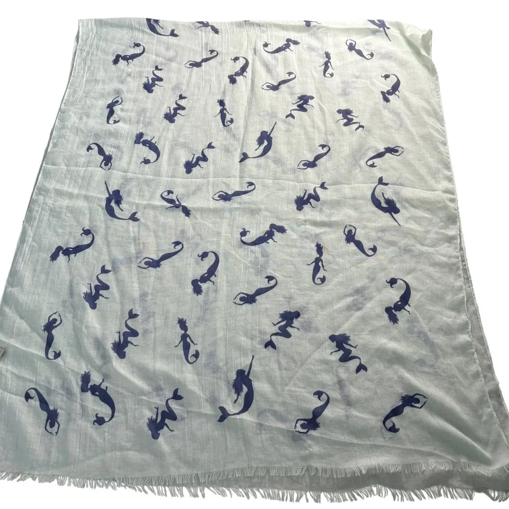 JD Sunny Just Classic Mermaid Print Cotton Scarf‎ Mint Green Navy Blue Fringe