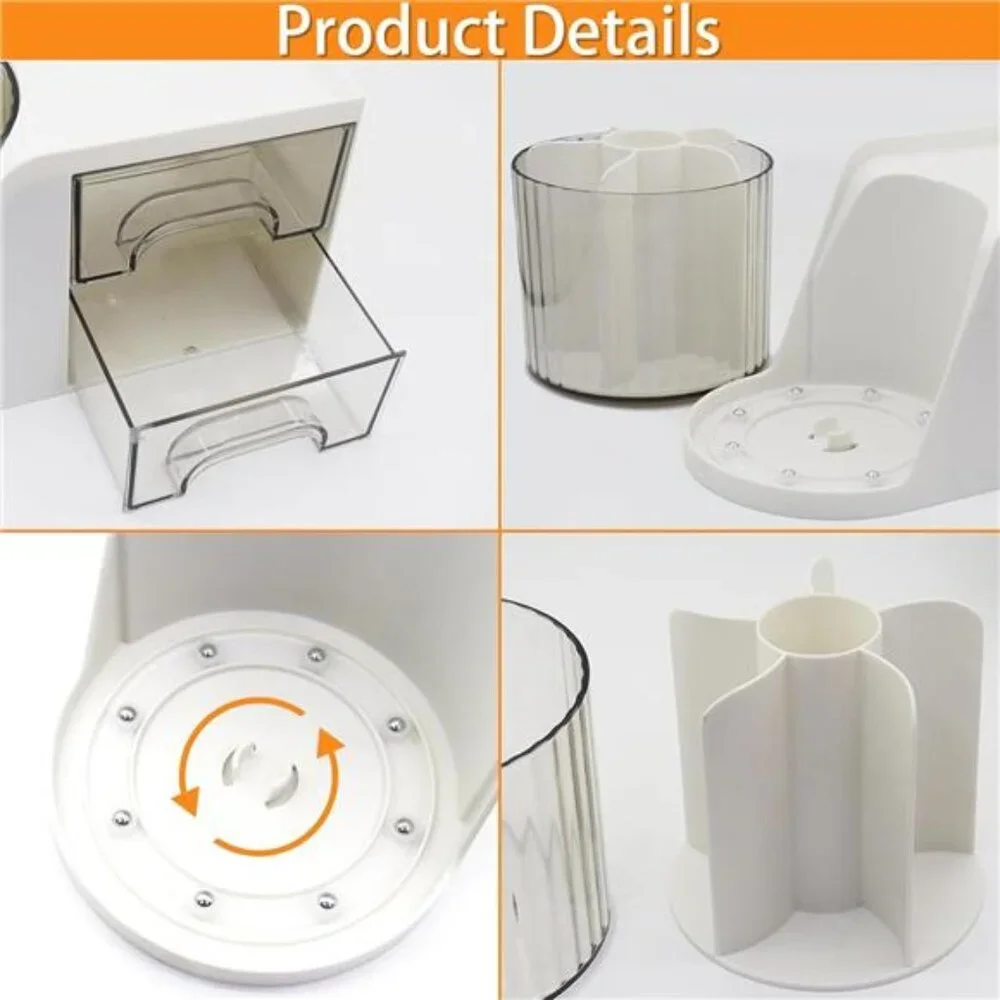 Desk Organizer with Rotating Pen Holder: White Caddy with 2 Drawers‎ for School
