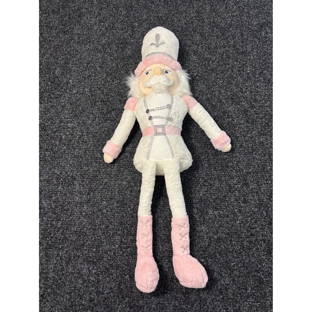 Plush Nutcracker Doll White Pink Silver Glitter Christmas Holiday Decor 24 Inch
