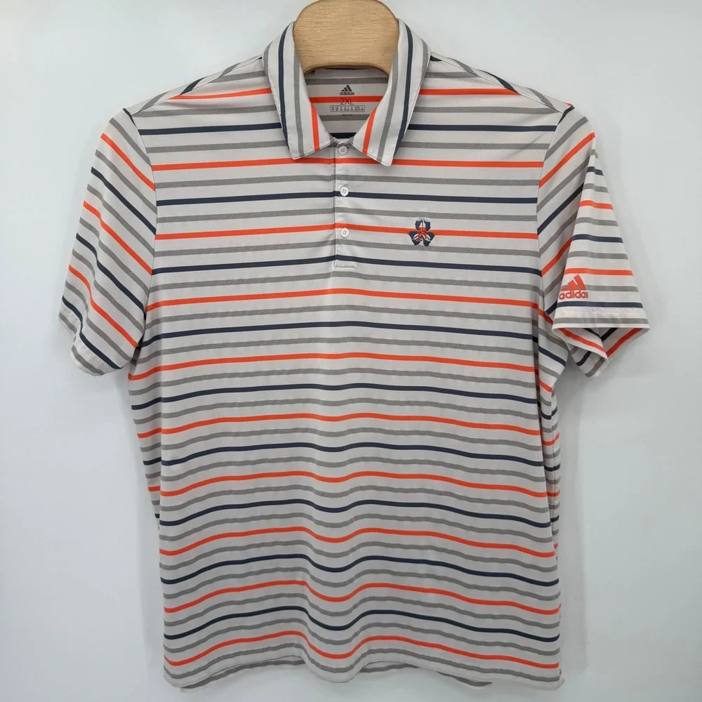 Adidas Polo Shirt Men 2XL White Orange Striped Golf Performance‎ Short Sleeve