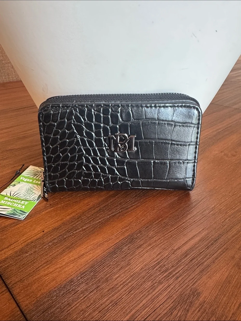 Badgley Mischka Black Croc-Embossed Zip Wallet with Silver Logo