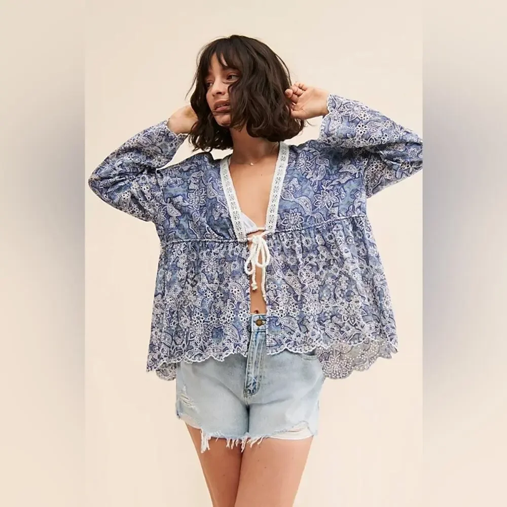 Free People Anissa Bed Jacket Eyelet Lace Tie Front Blue Combo Size S Beach Boho