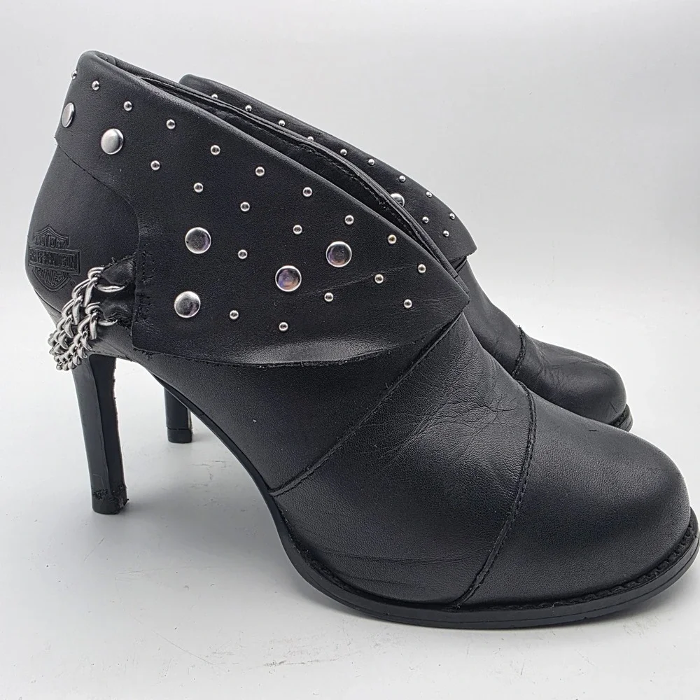 Harley-Davidson Lena Boots Women's 8.5 Black‎ Leather Studded Chain Moto Heels
