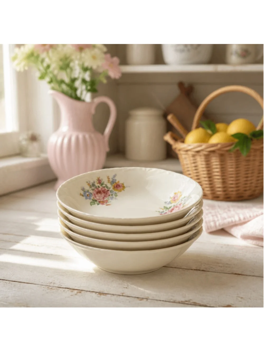 Vintage Floral Dinnerware Bowl Set of 4 One Size White Pink Cottagecore Coquette