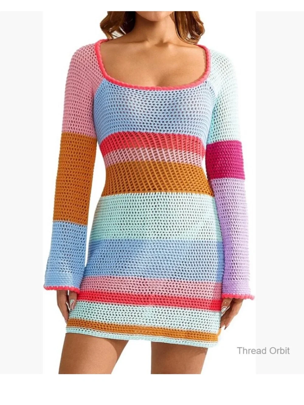 Amazon Women's Pastel Multi-Stripe Crochet Swim Coverup - Pink, Blue, Mint, Gold