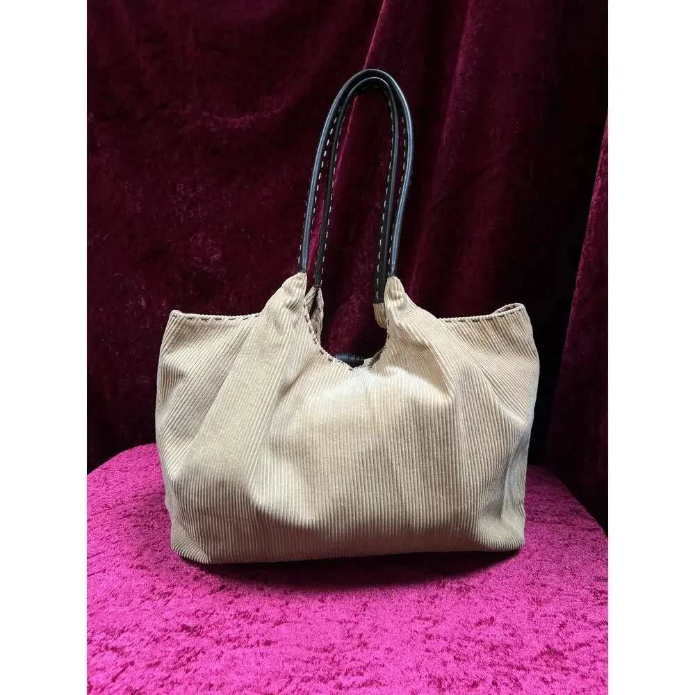 Vintage Moda International Corduroy Shoulder Bag - Tan Cotton Brown PVC Tote