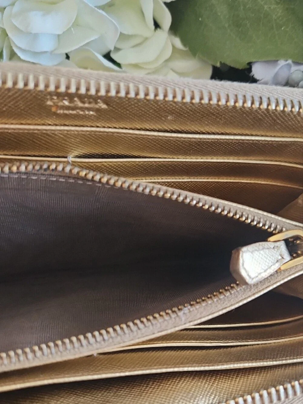 Prada Metallic Gold Bow Zip-Around Wallet