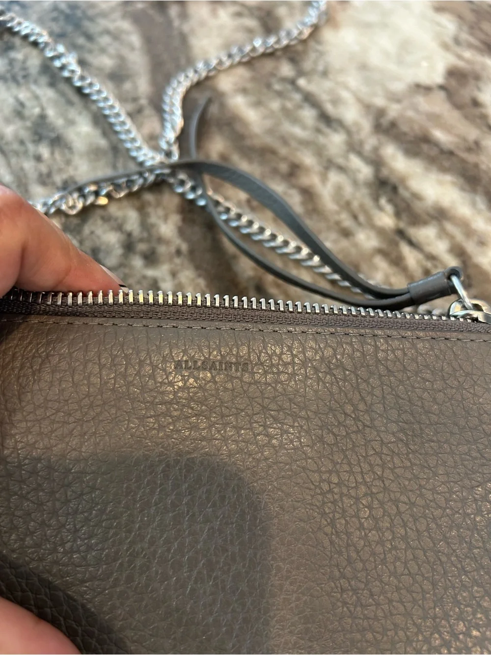 AllSaints Gray Fetch Pebbled Leather Crossbody slight wear GUC