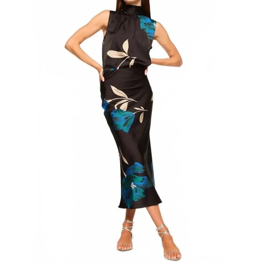 NWT MISA Los Angeles Fay Midi Skirt Nightshade Floral Black Size XS