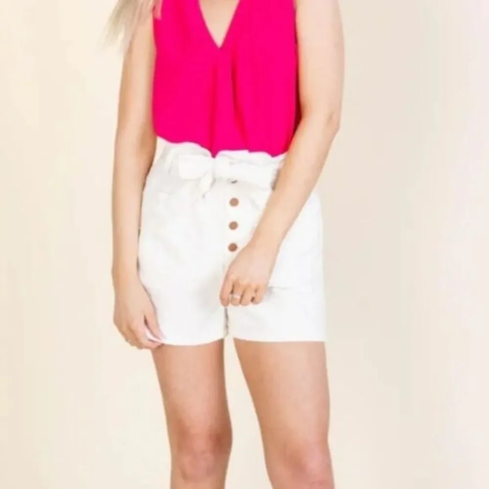 White Paperbag Waist Shorts High Rise Button Front Belted Cotton NWT M