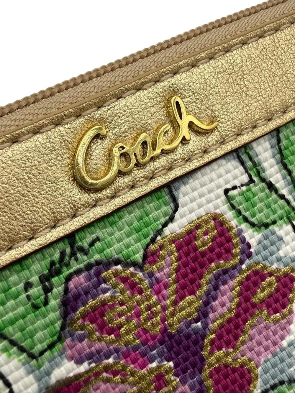 Coach Floral Wristlet in Green, Purple & Gold Trim