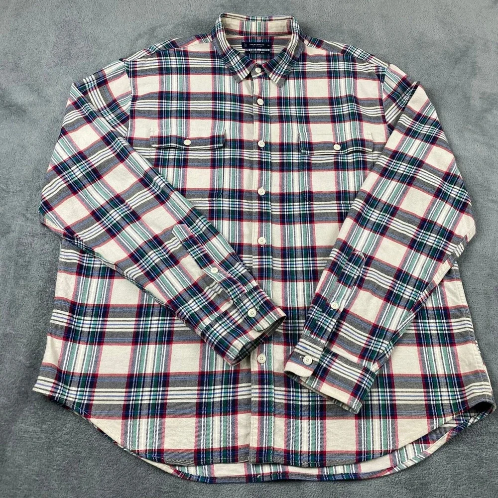 Lucky Brand Mens XL Shirt Cream Red Green Plaid Classic Fit Flannel Button Down
