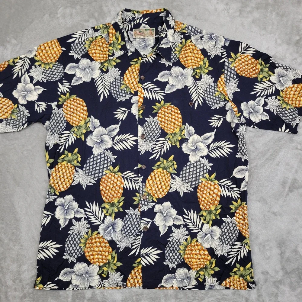 Tori Richard Mens L Hawaiian Tropical Floral Pineapple Print Short Sleeve Shirt