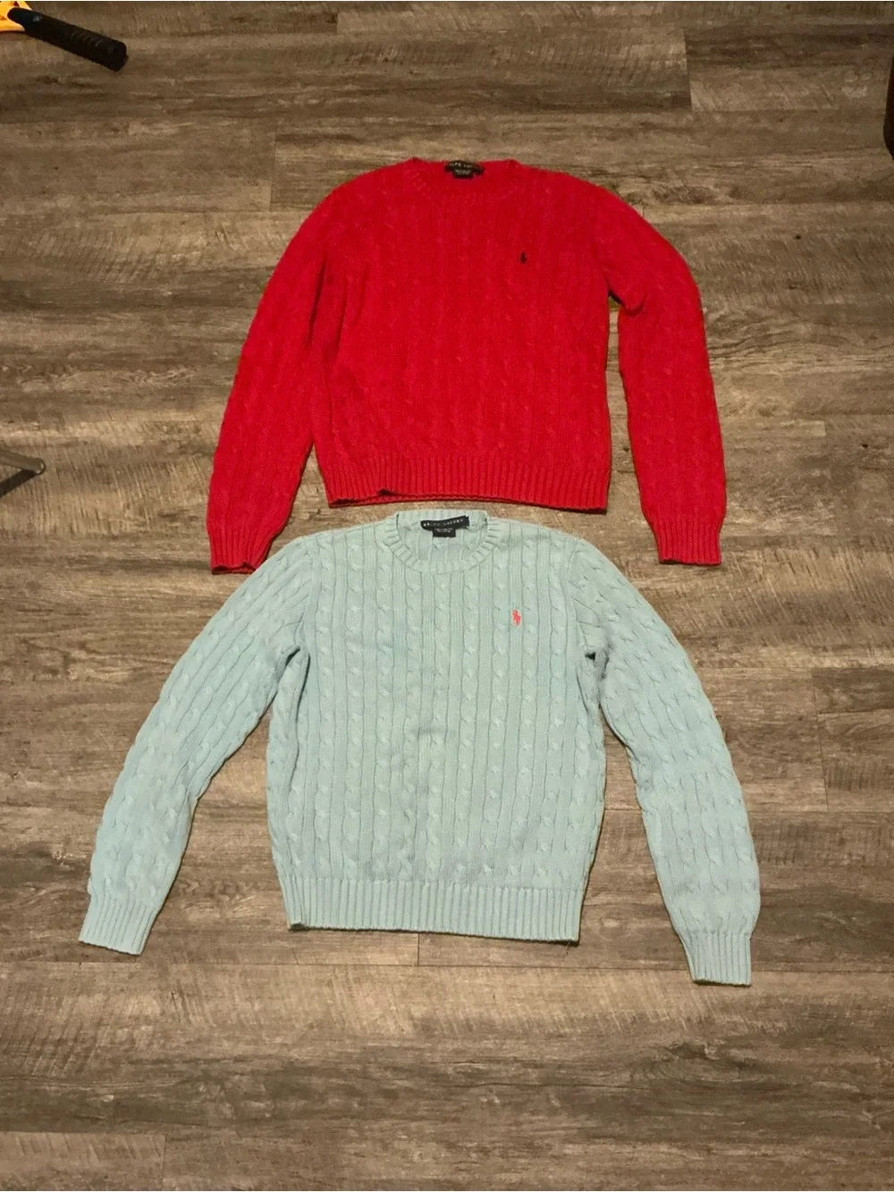 Polo by Ralph Lauren Red and Light Blue Crewneck Cable Knit Sweaters