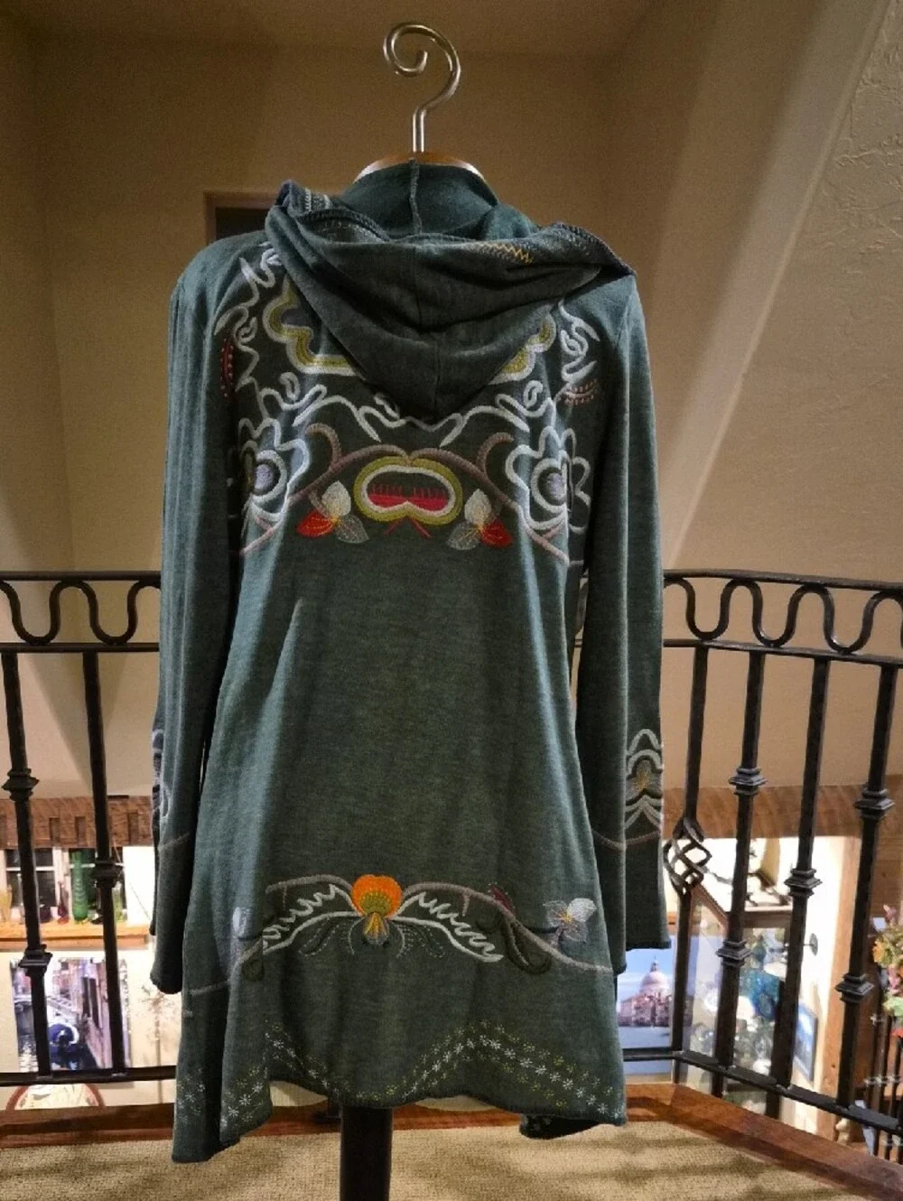 Soft Surroundings Teal Embroidered Open-Front Hooded Cardigan