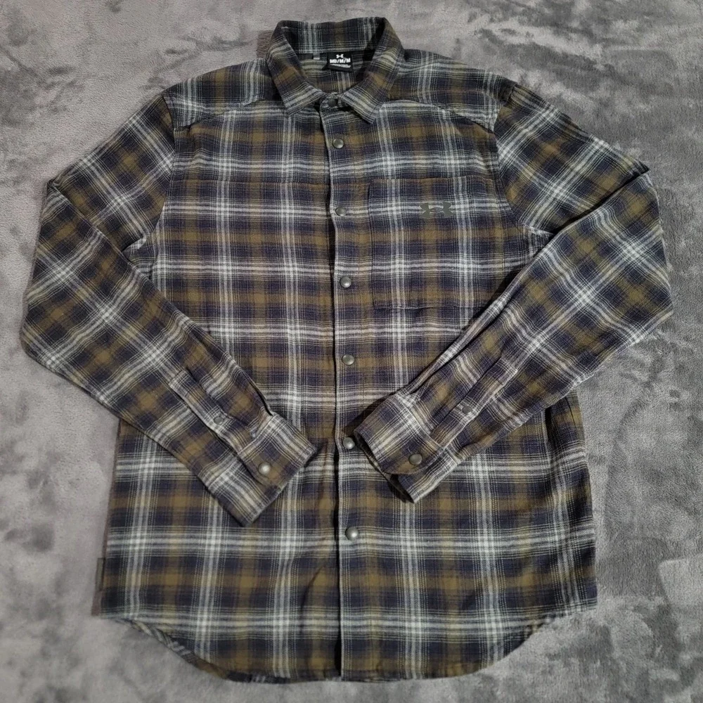 Under Armour Shirt Men Med Green Blue Plaid Tradesman Flex Flannel Snap Outdoor
