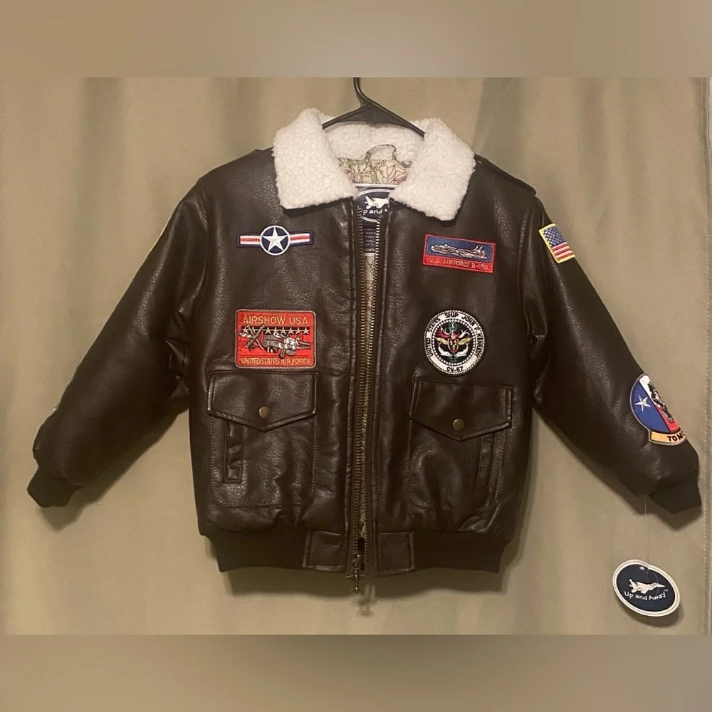 Up and Away USAF Junior Type A-2 Bomber Jacket Faux Leather W/Patches size 7 NWT