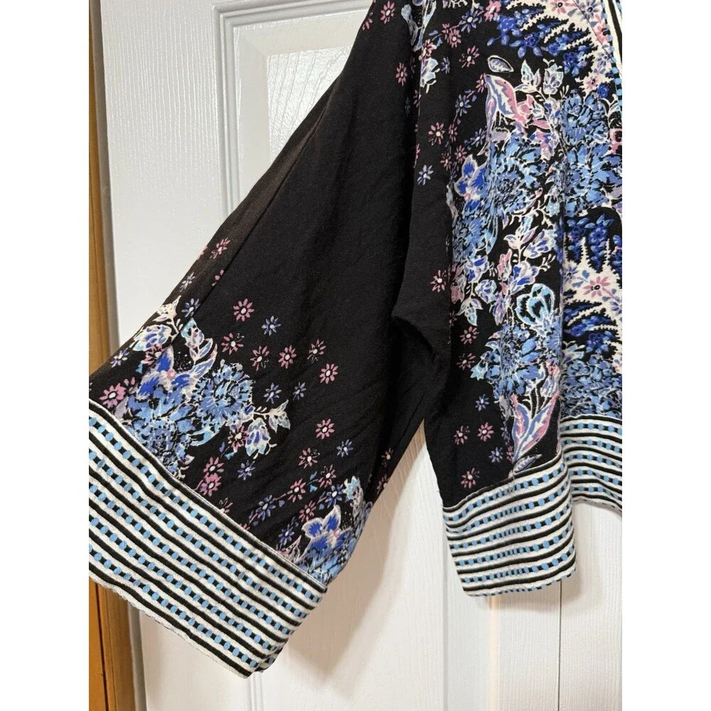 Free People Floral Stripe V-Neck Raglan Long Sleeve Viscose Blouse S