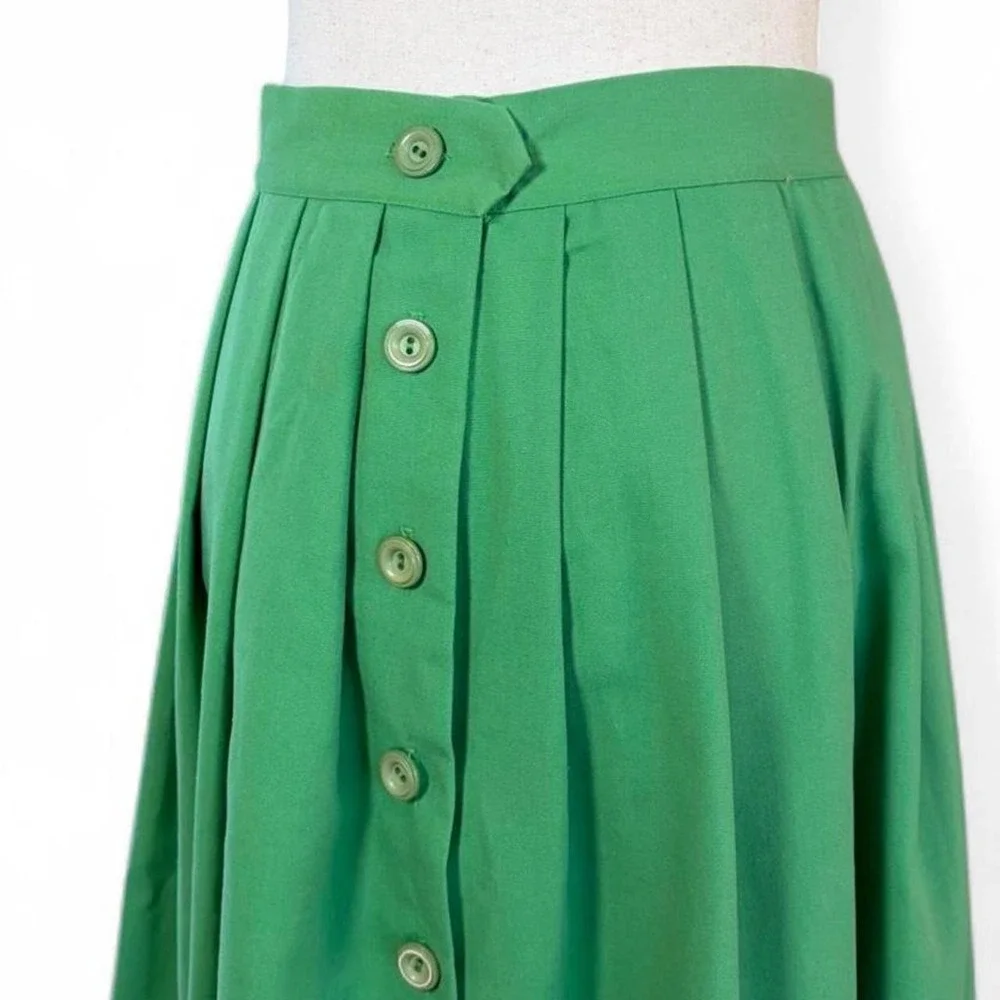 Vintage 70s Green Button Front Pleated Midi Skirt