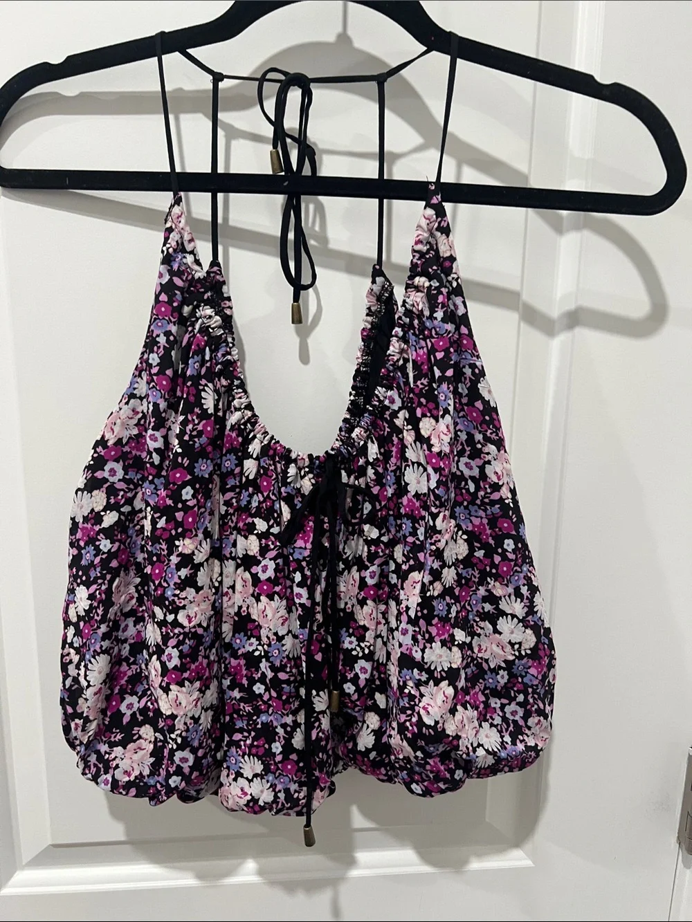 Free‎ People Black & Purple Floral Bubble Crop Top Size Small