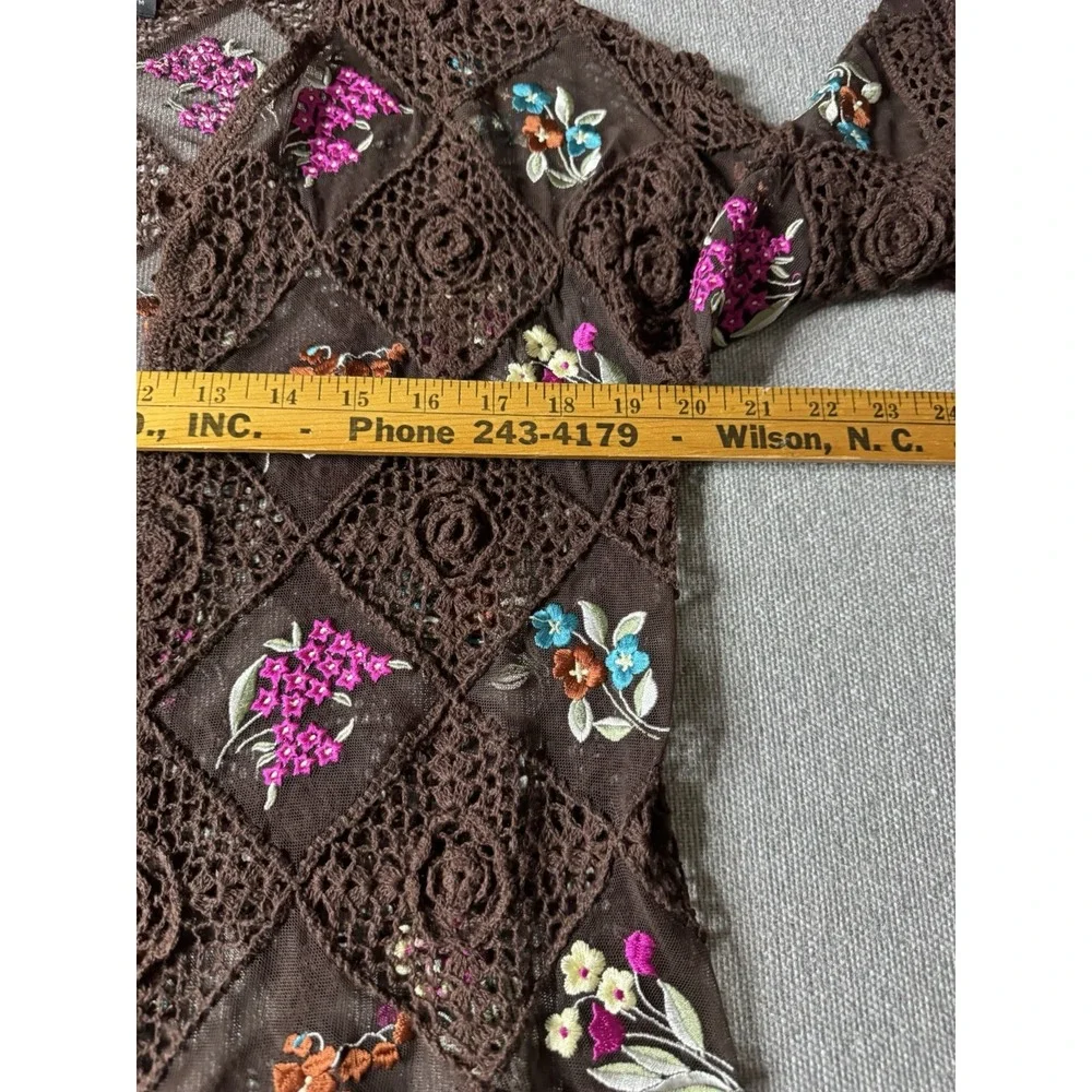 Bozaglo Women's Brown Crochet Open Front Sweater With Pink Floral Size Medium