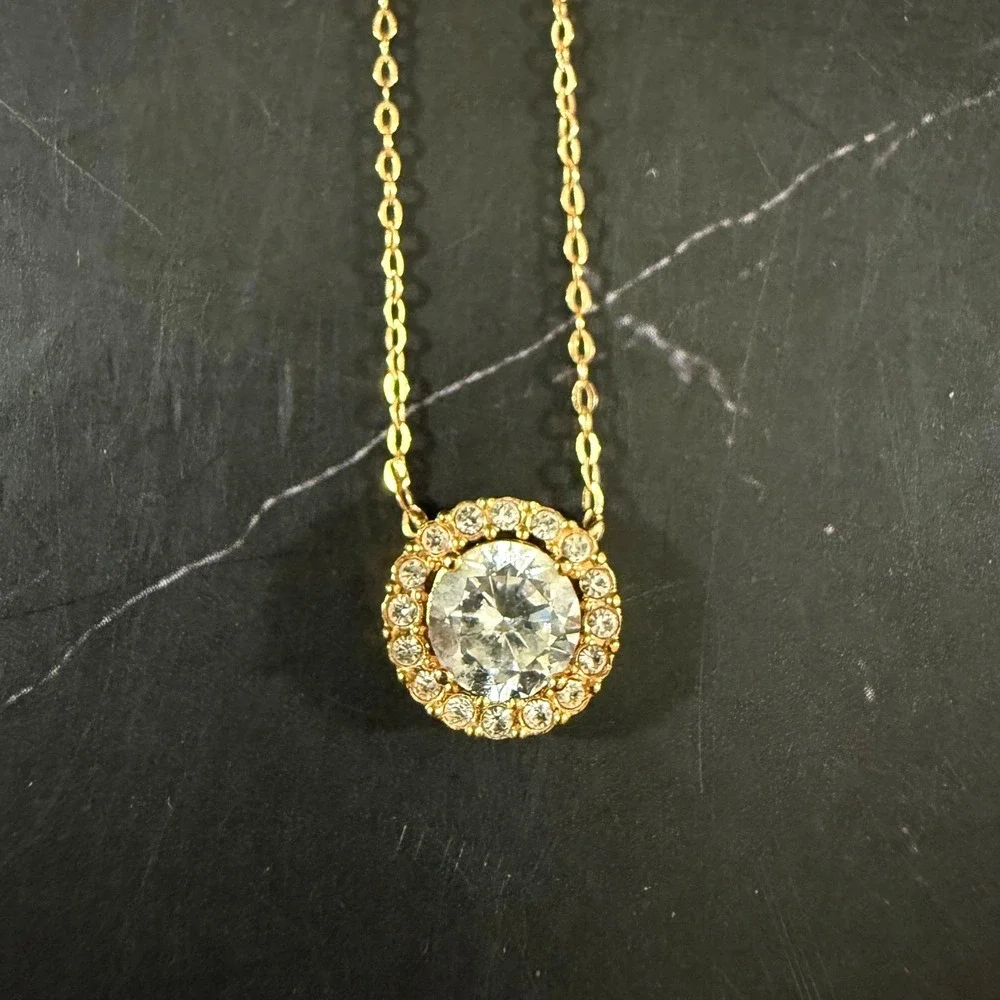 Nadri Round Halo Pendant Necklace 16in Rose Gold Plated Cubic Zirconia
