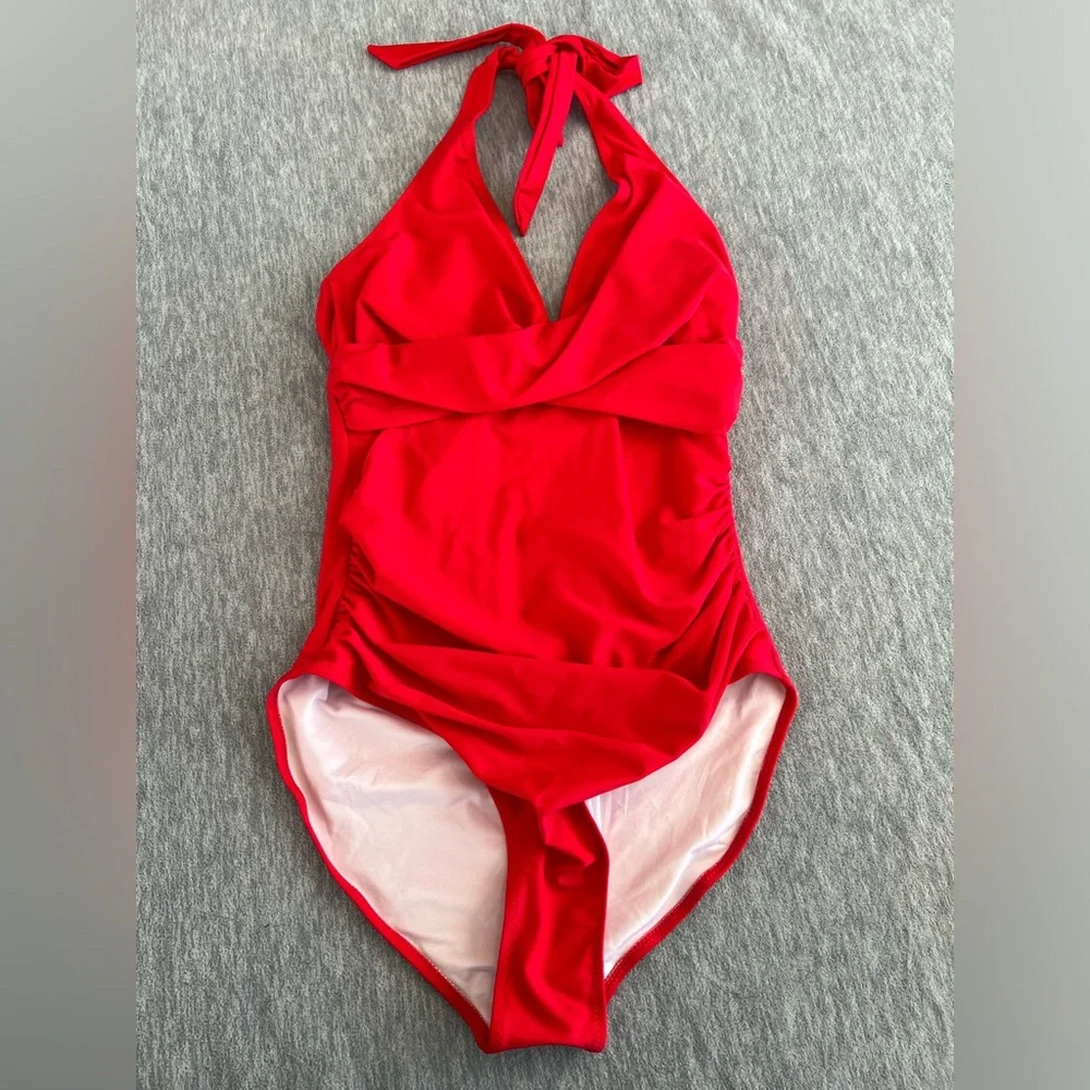 Swimsuit 1 piece red women S ruched halter tie pin up‎ style swimwear summer new