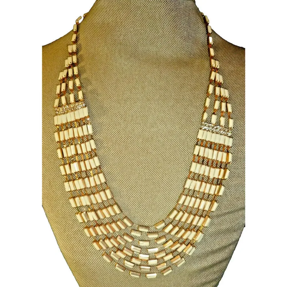 Vintage Bib‎ Collar Egyptian revival White & Clear Rhinestone Necklace 17