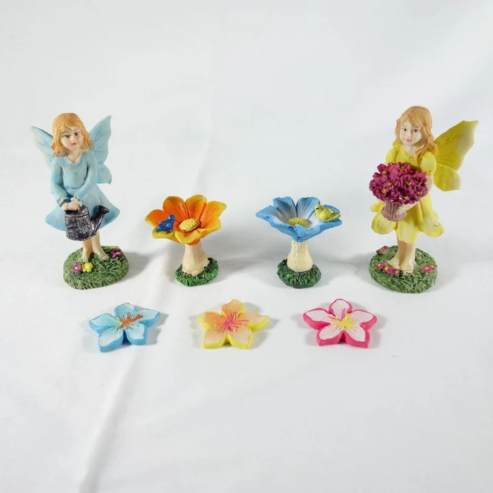 Miniature Garden Fairies Birdbaths Flowers‎ Figurines Resin 7 Piece Set