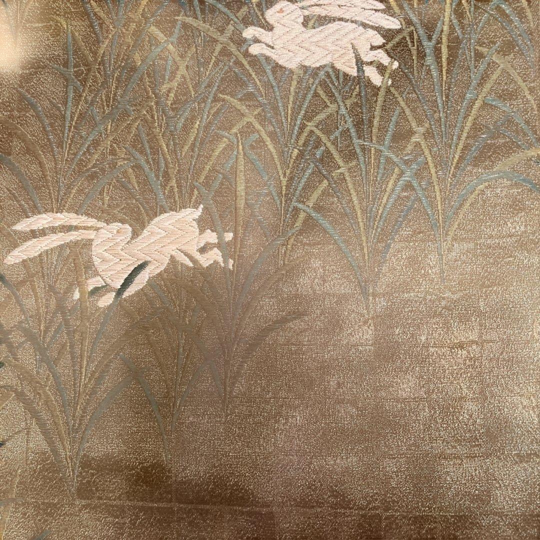 Fukuro obi, Sachiko Hanai, golden brown, rabbit, embroidery, gold thread, artist's seal