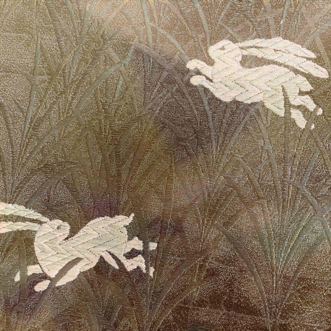 Fukuro obi, Sachiko Hanai, golden brown, rabbit, embroidery, gold thread, artist's seal