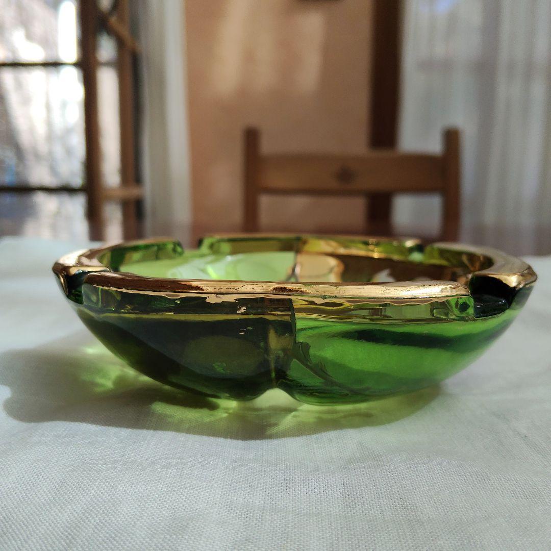 Murano Glass Ashtray - Green with Floral Pattern and Gold Rim