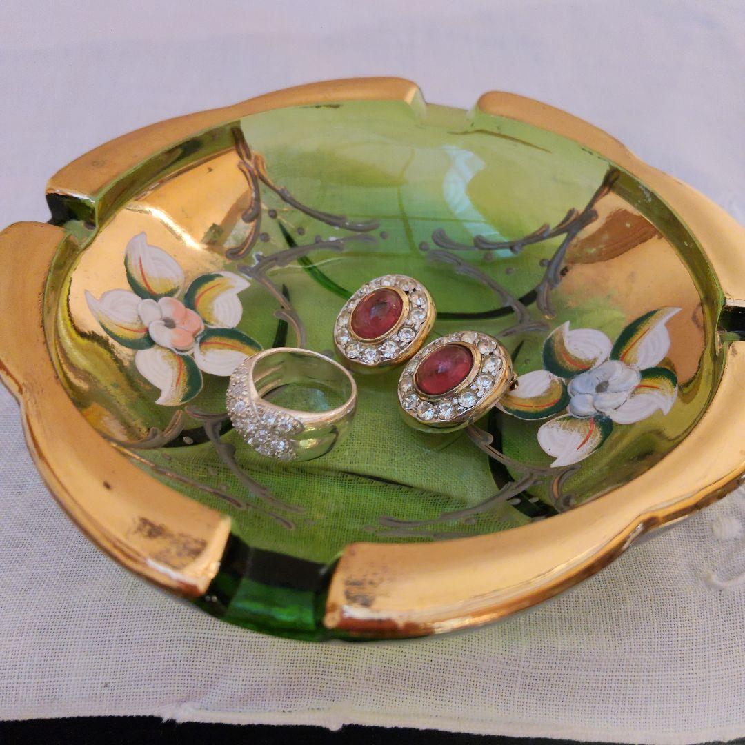 Murano Glass Ashtray - Green with Floral Pattern and Gold Rim
