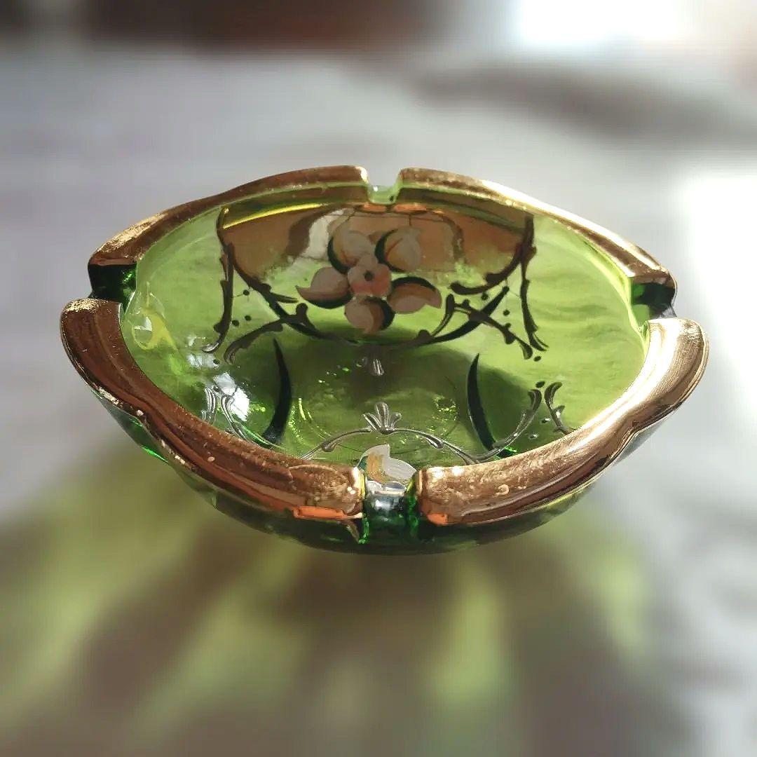 Murano Glass Ashtray - Green with Floral Pattern and Gold Rim