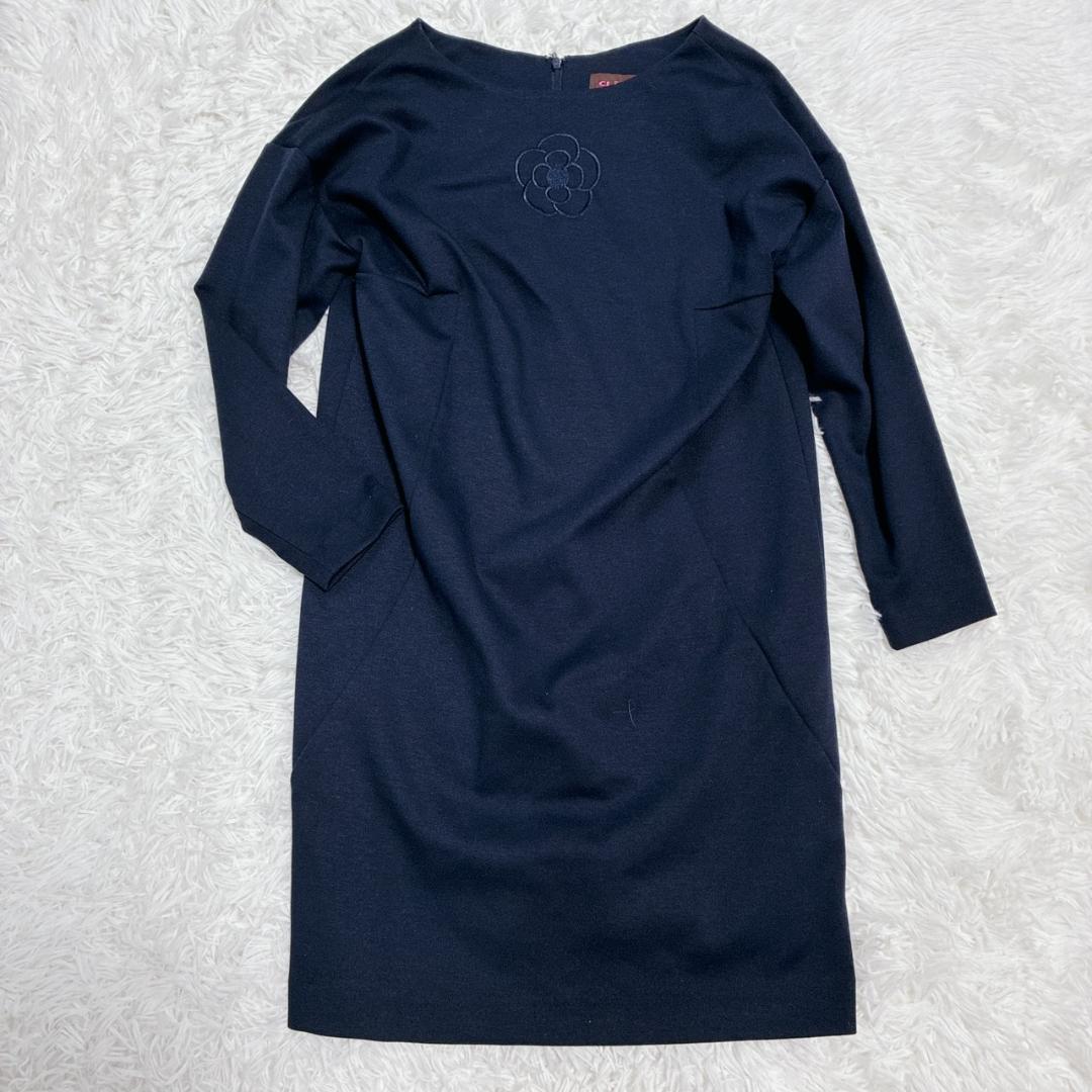 【Excellent Condition ✨】CLATHAS Navy Dress with Floral Embroidery, Lightweight, 3/4 Sleeves, Long Sleeves