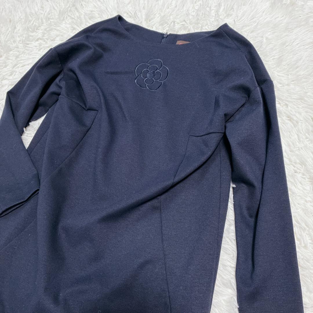 【Excellent Condition ✨】CLATHAS Navy Dress with Floral Embroidery, Lightweight, 3/4 Sleeves, Long Sleeves