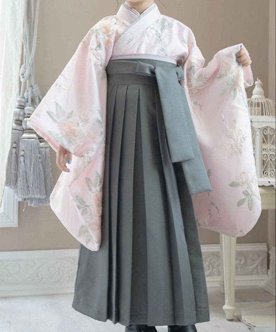 Catherine Cottage Easy Embroidery Tulle Hakama Set 120cm Pink x Gray-Green Hakama